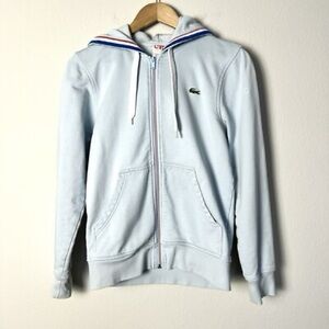 Lacoste Live Baby Blue Zip Up Hoodie with Retro Striped Collar Size Small
